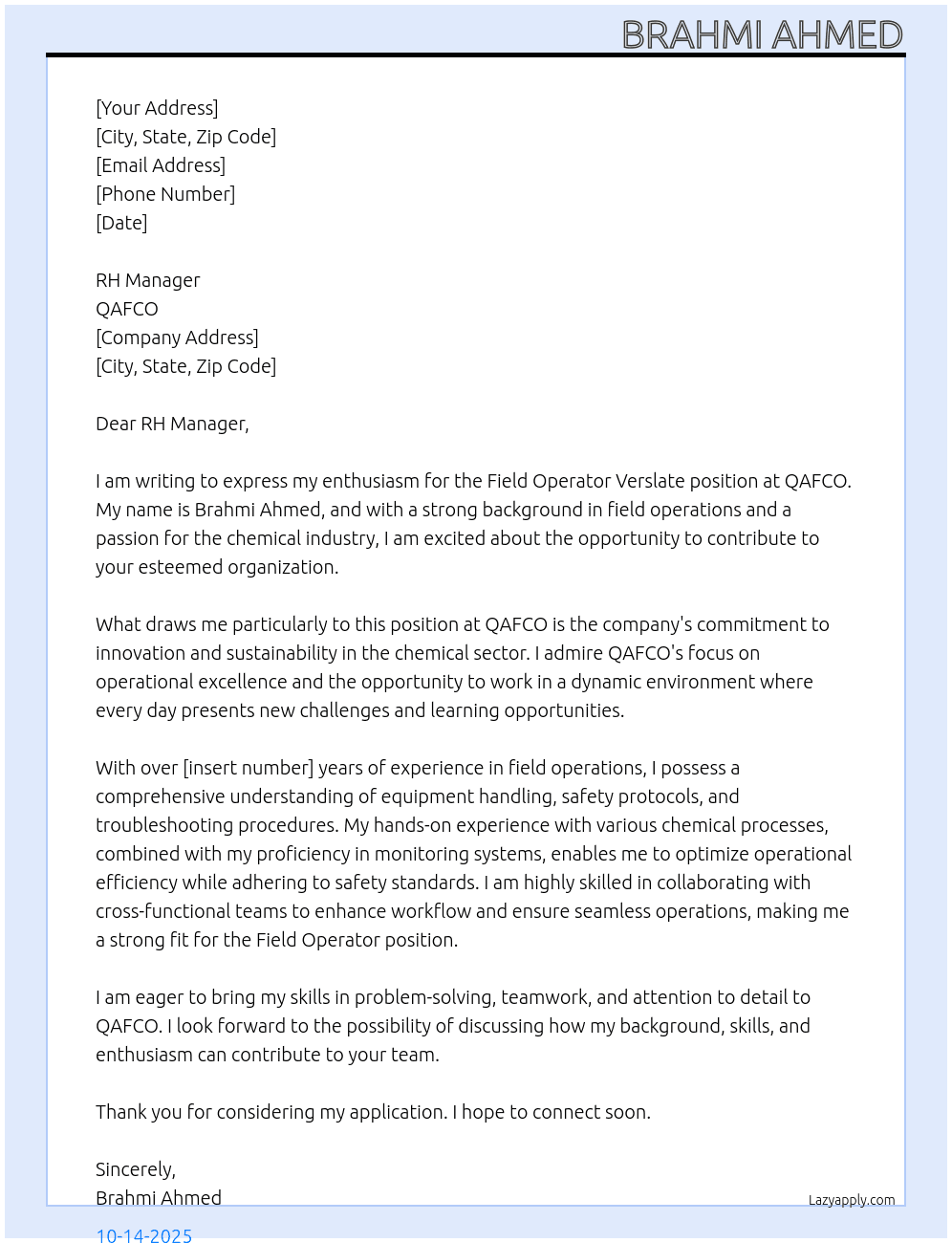 Field operator verslate At QAFCO Cover Letter