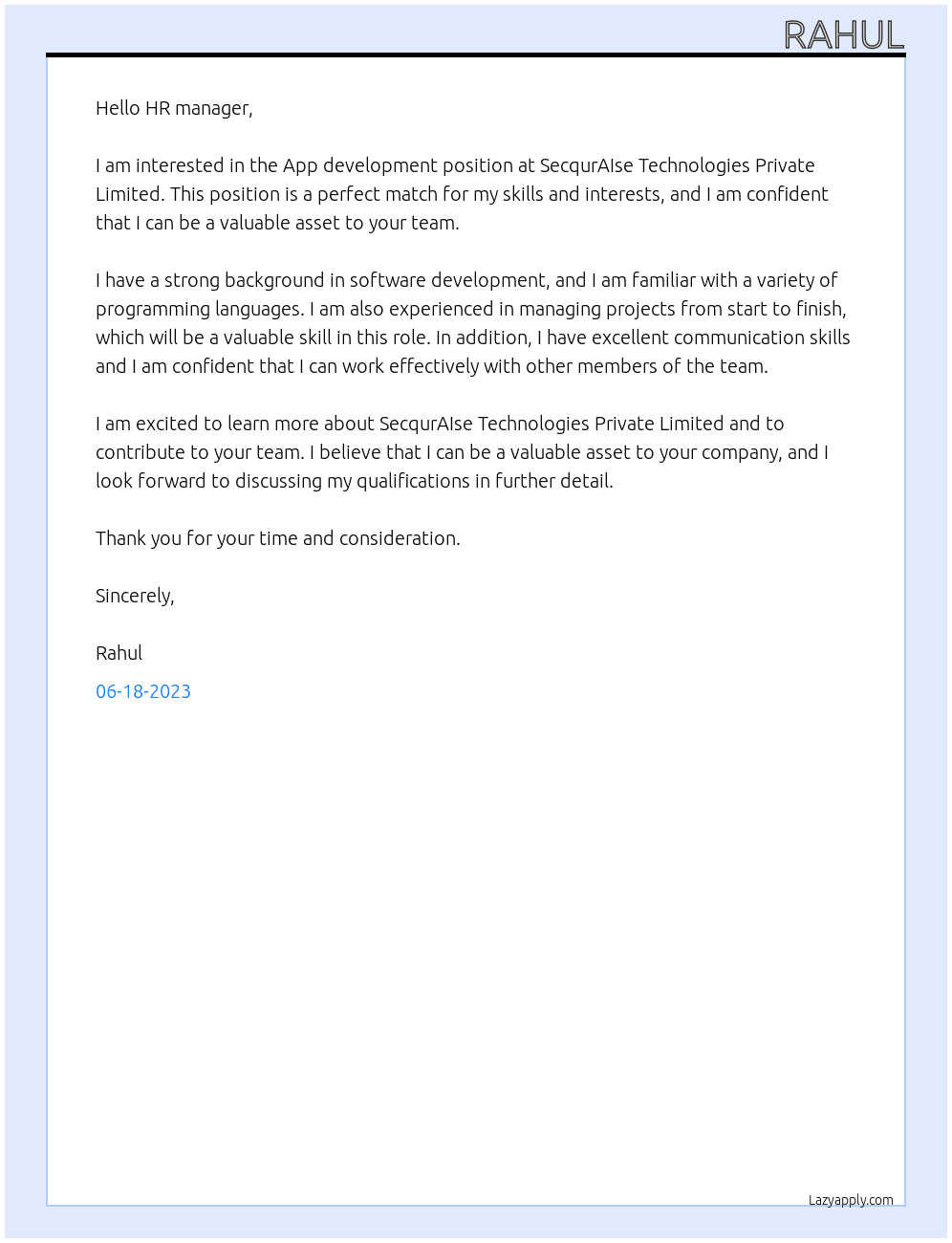 App development  At SecqurAIse Technologies Private Limited Cover Letter