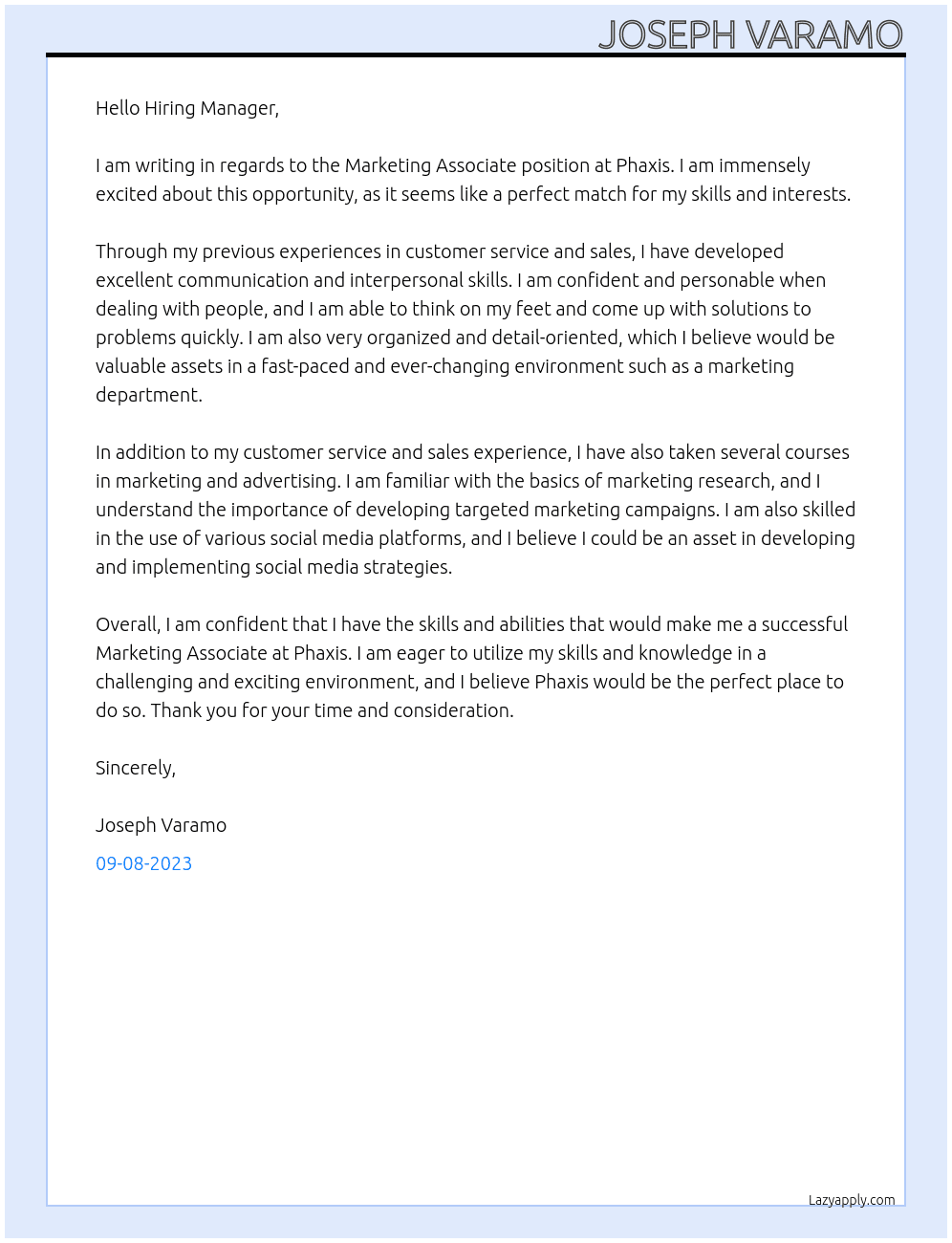 Marketing Associate At Phaxis Cover Letter