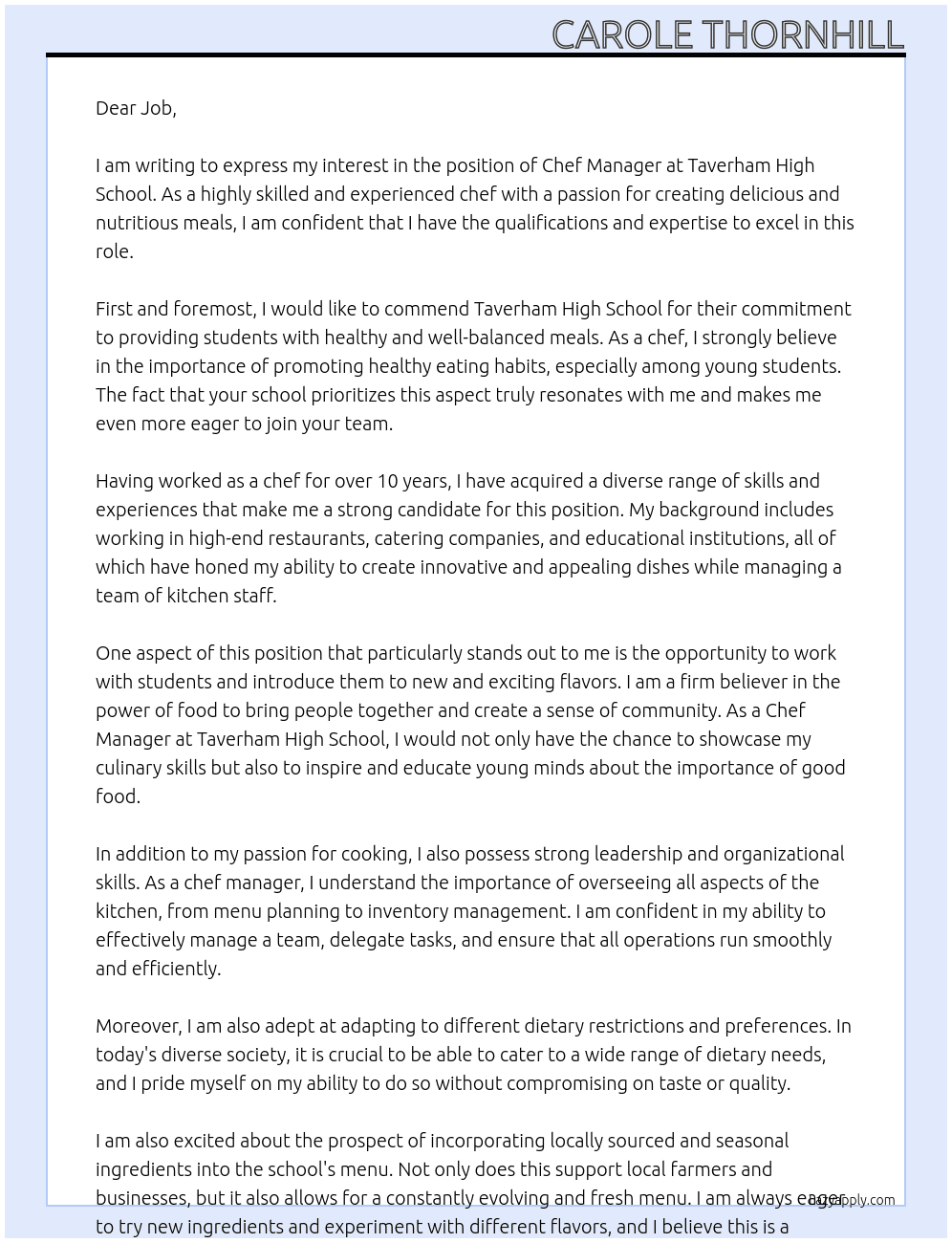 Chef Manaager At Taverham Hight school Cover Letter
