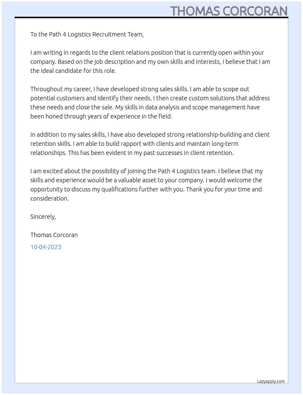 client relations At path 4 logistics Cover Letter