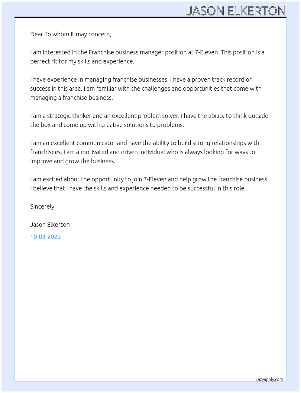 Franchise business manager  At 7-Eleven  Cover Letter