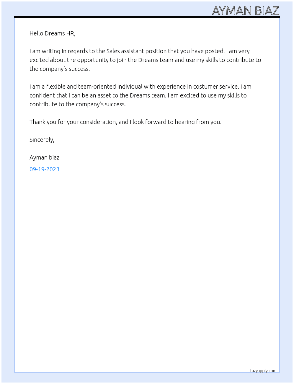 Sales assistant At Dreams Cover Letter