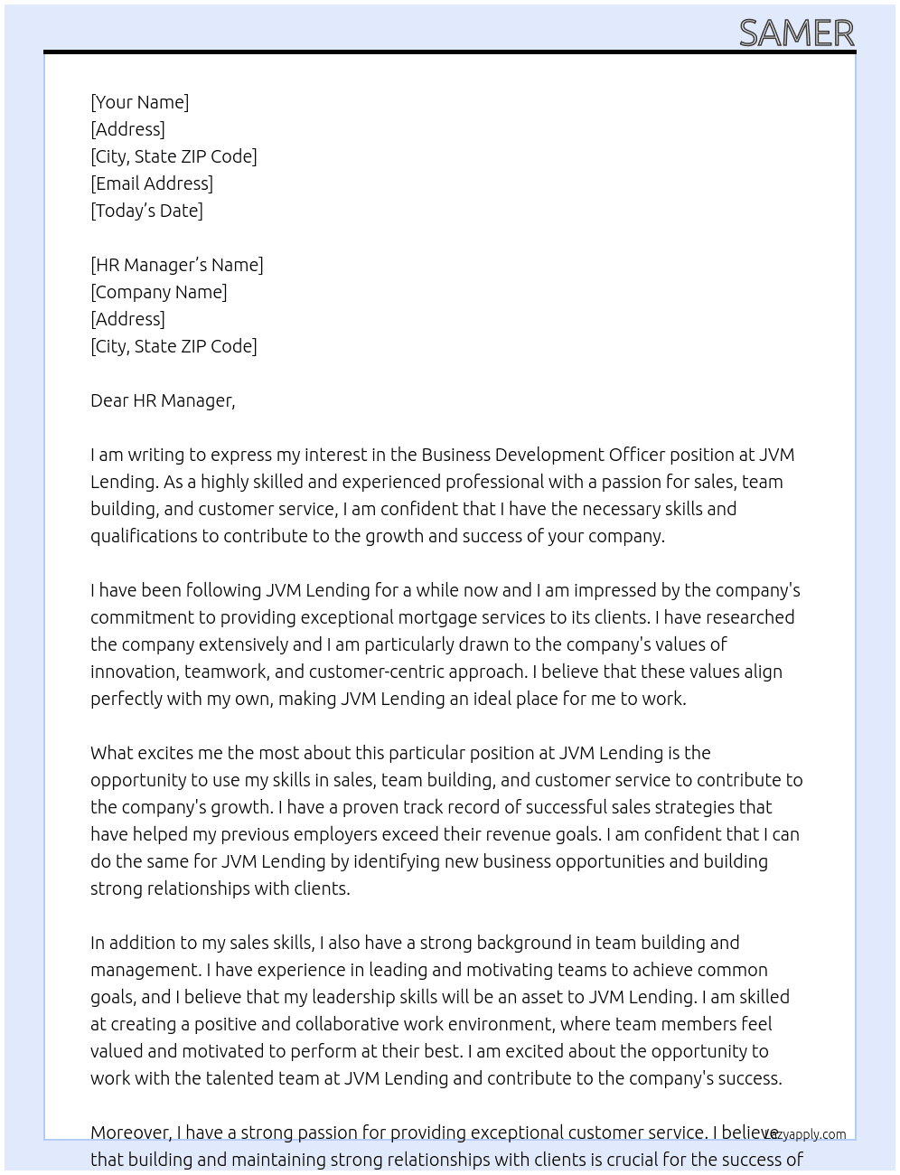 Business Development Officer At JVM Lending Cover Letter