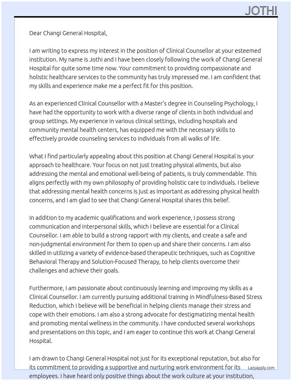 Clinical Counsellor At Changi General Hospital Cover Letter