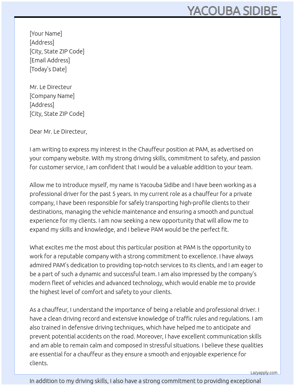 Chauffeur  At PAM Cover Letter