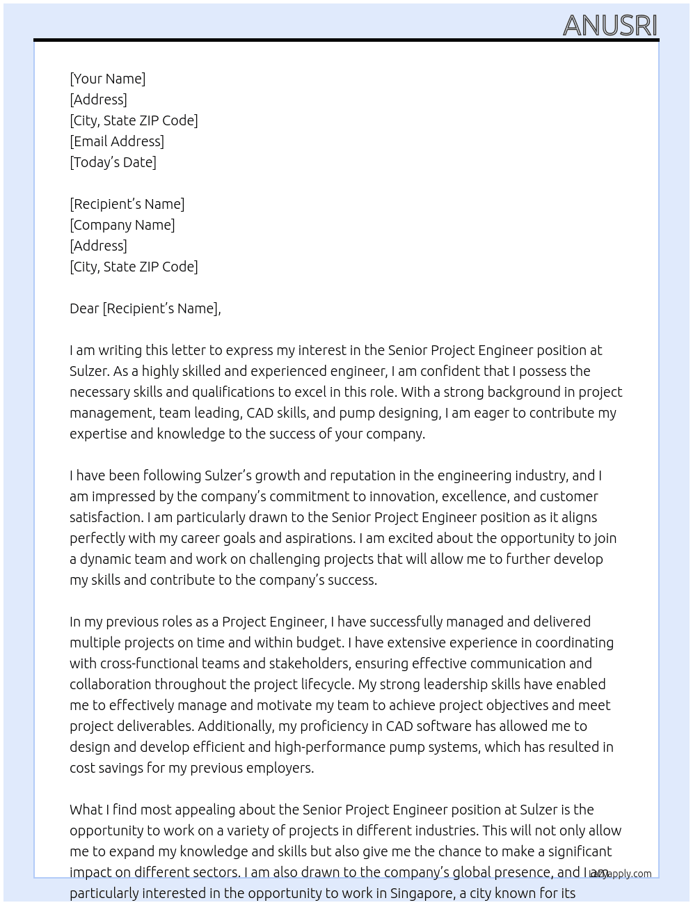 Senior Project engineer At Sulzer Cover Letter