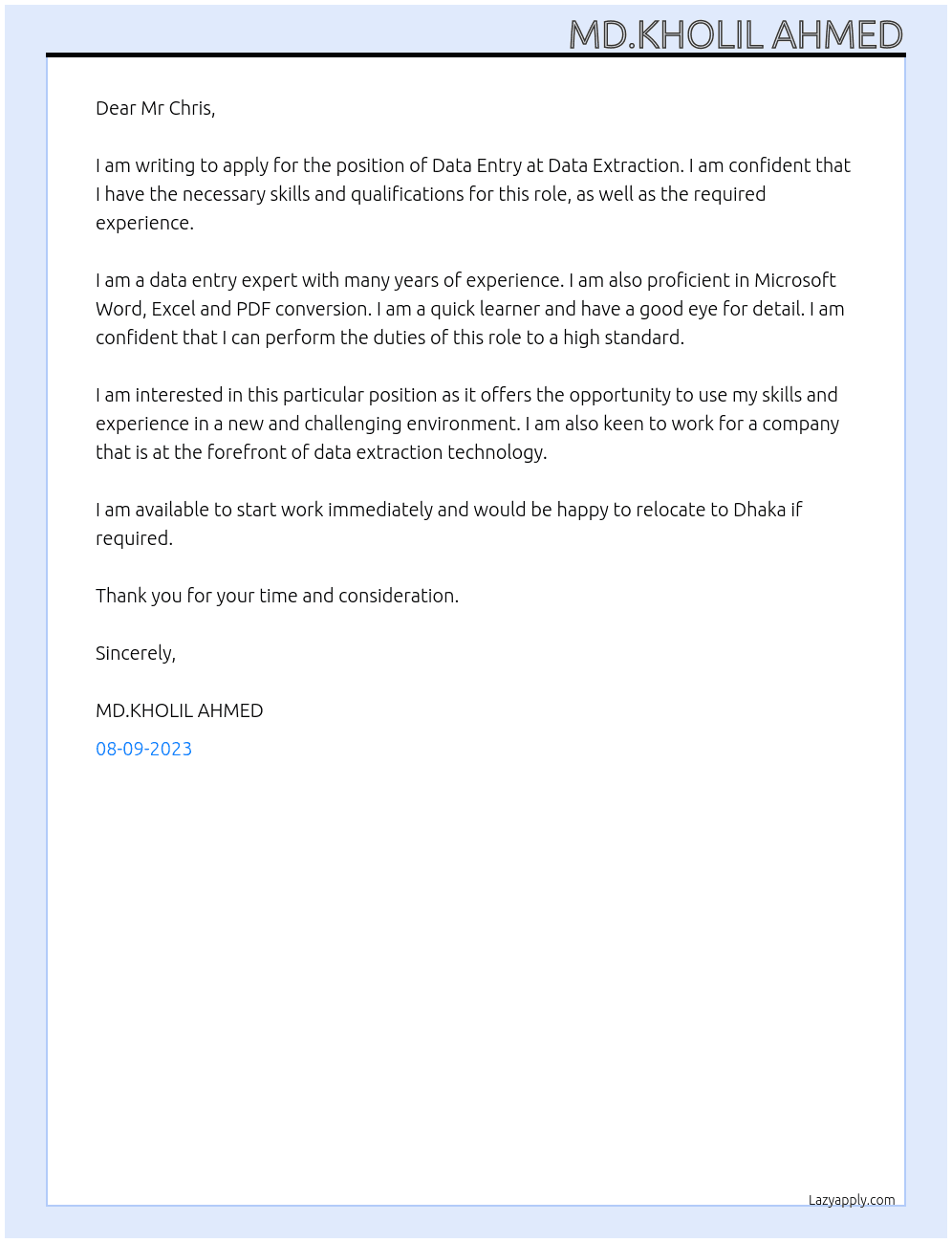 DATA ENTRY  At Data Extraction Cover Letter
