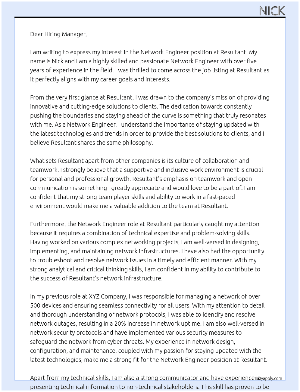 Network Engineer At Resultant Cover Letter