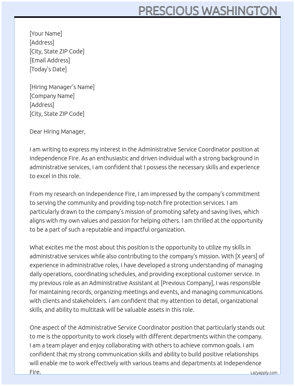 Administrative Service Coordinator  At Independence Fire Cover Letter