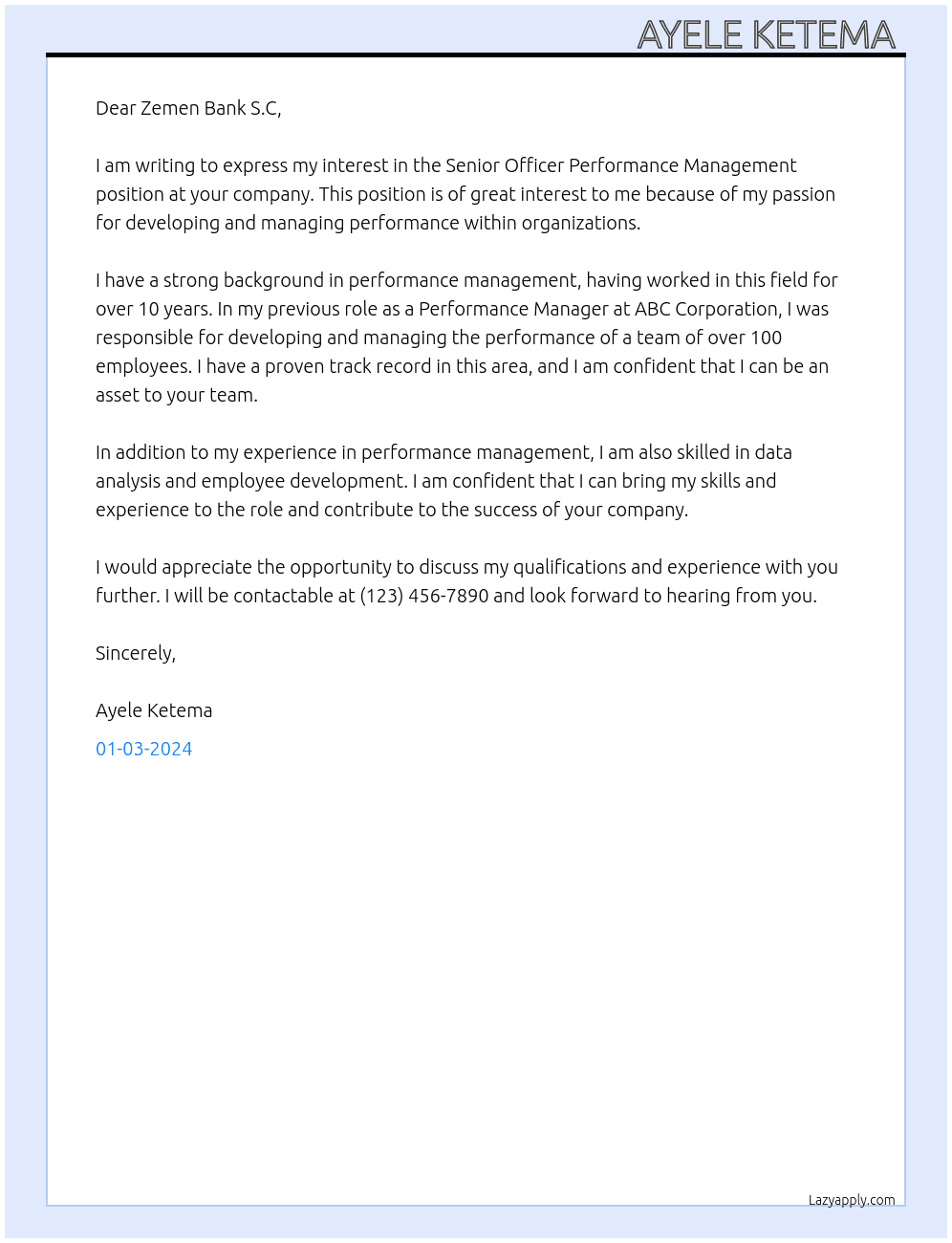 Senior officer performance  menagement At Zemen Bank S .C Cover Letter