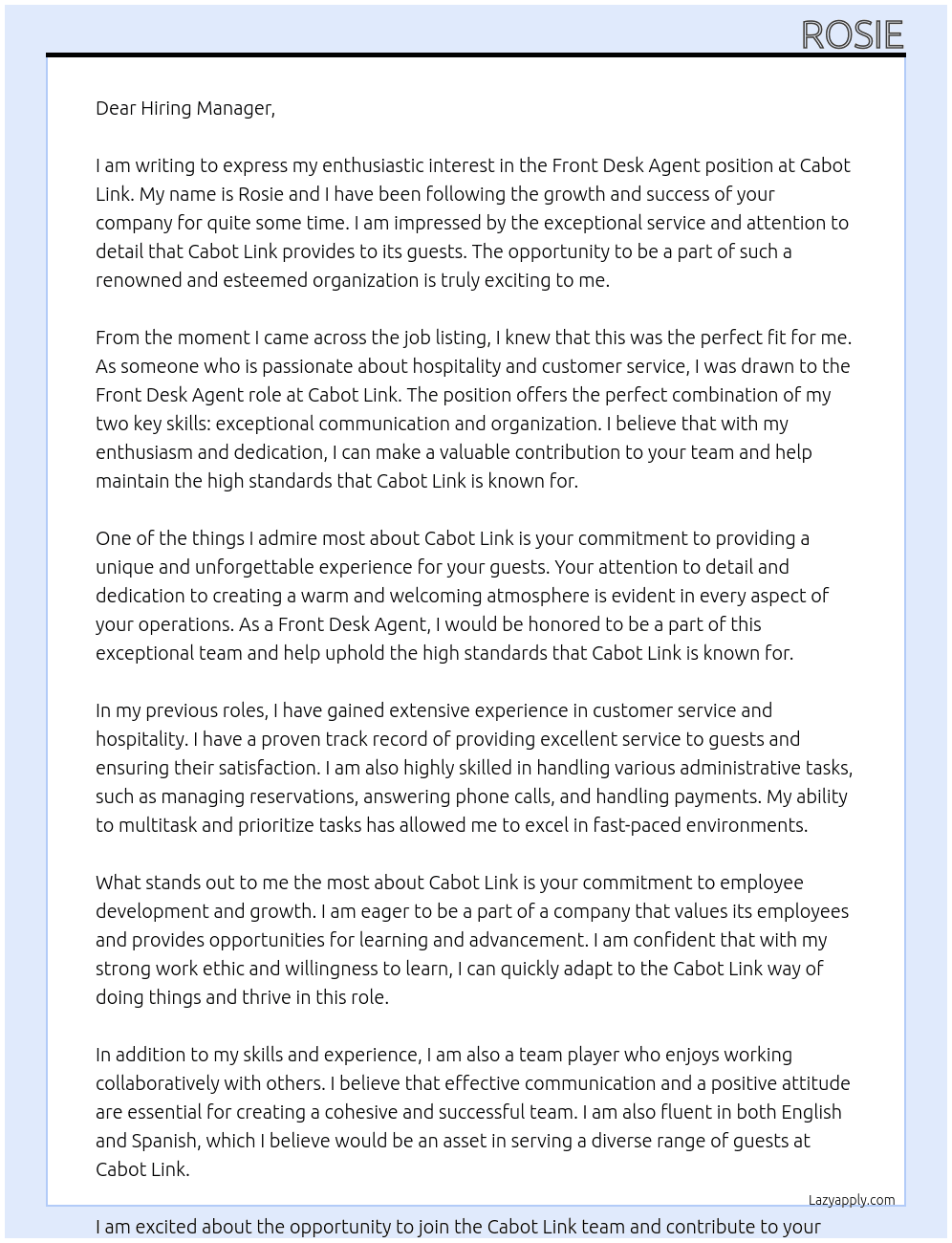 Front Desk Agent  At Cabot Link Cover Letter