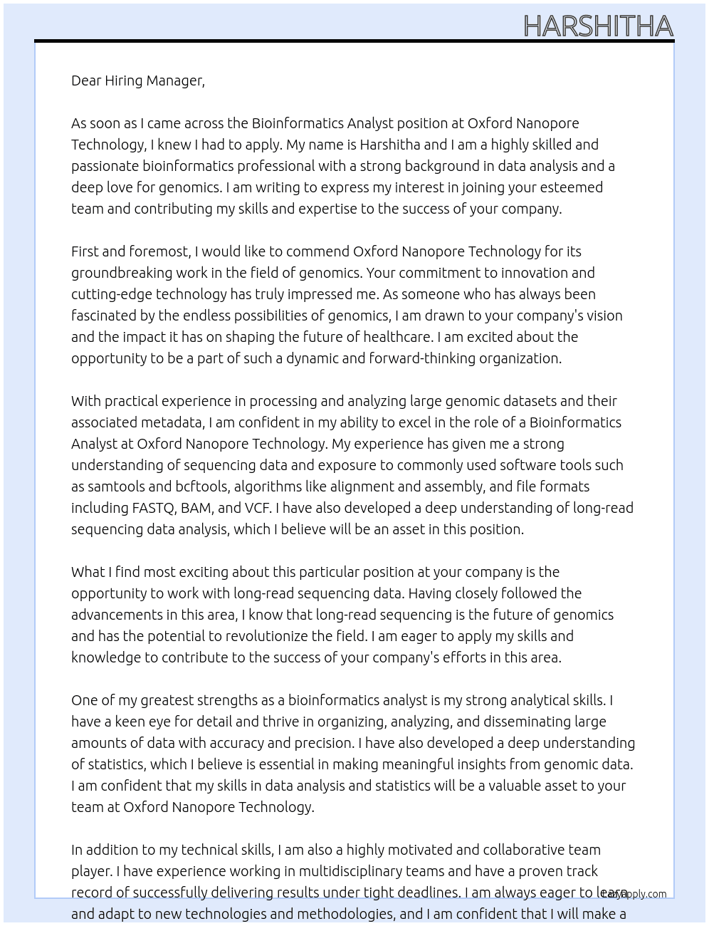 Bioinformatics Analyst At Oxford Nanopore technology Cover Letter