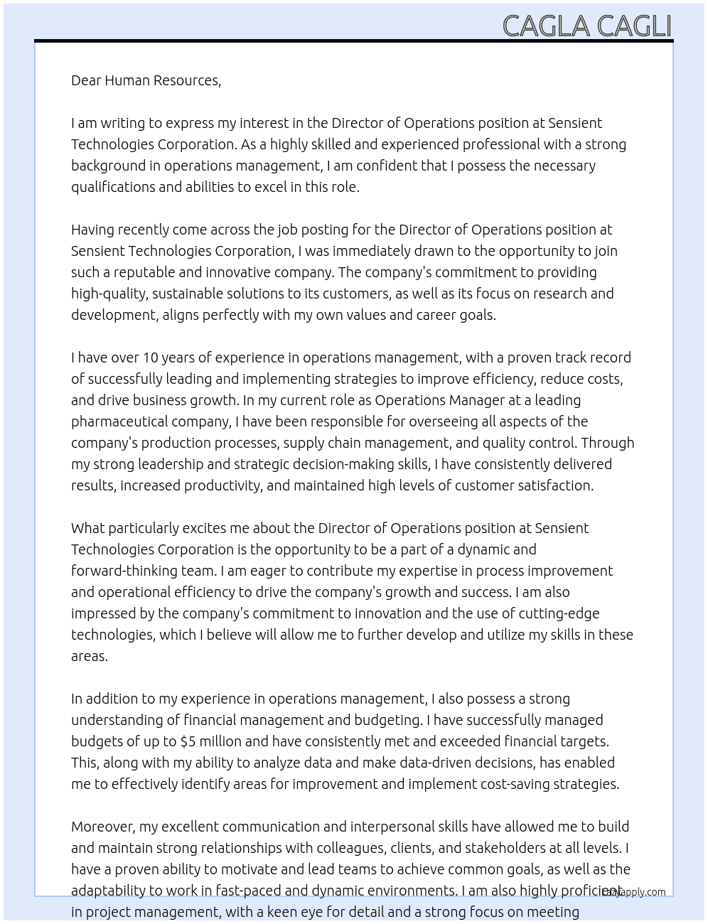Director Operations At Sensient Technologies Corporation Cover Letter