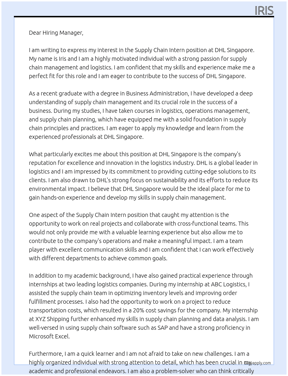 Supply Chain Intern At DHL Singapore Cover Letter
