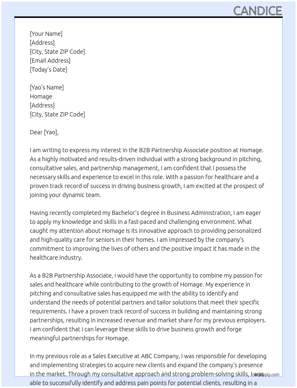 B2B Partnership Associate At Homage Cover Letter