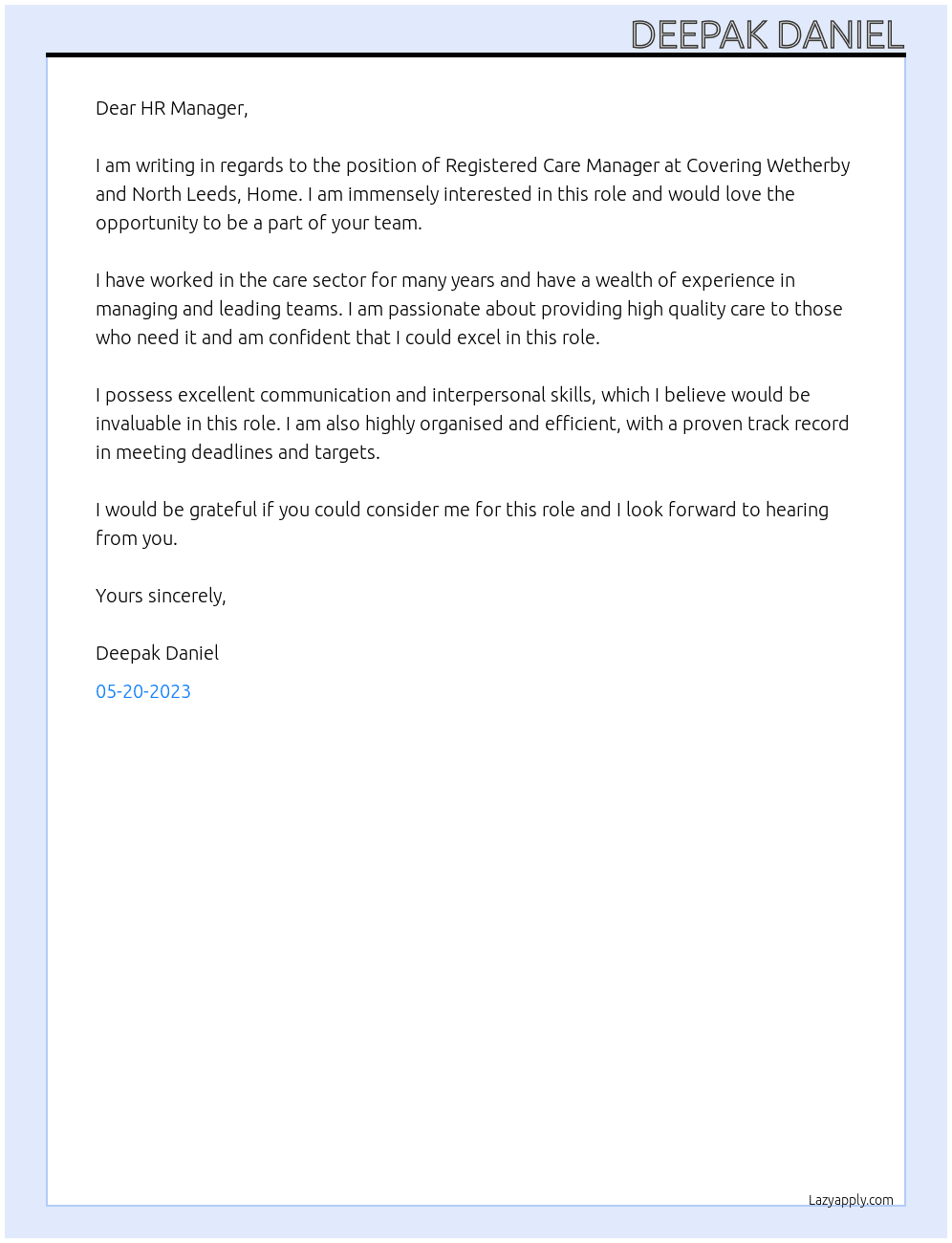 Registered care manager At Covering Wetherby and North Leeds, Home  Cover Letter