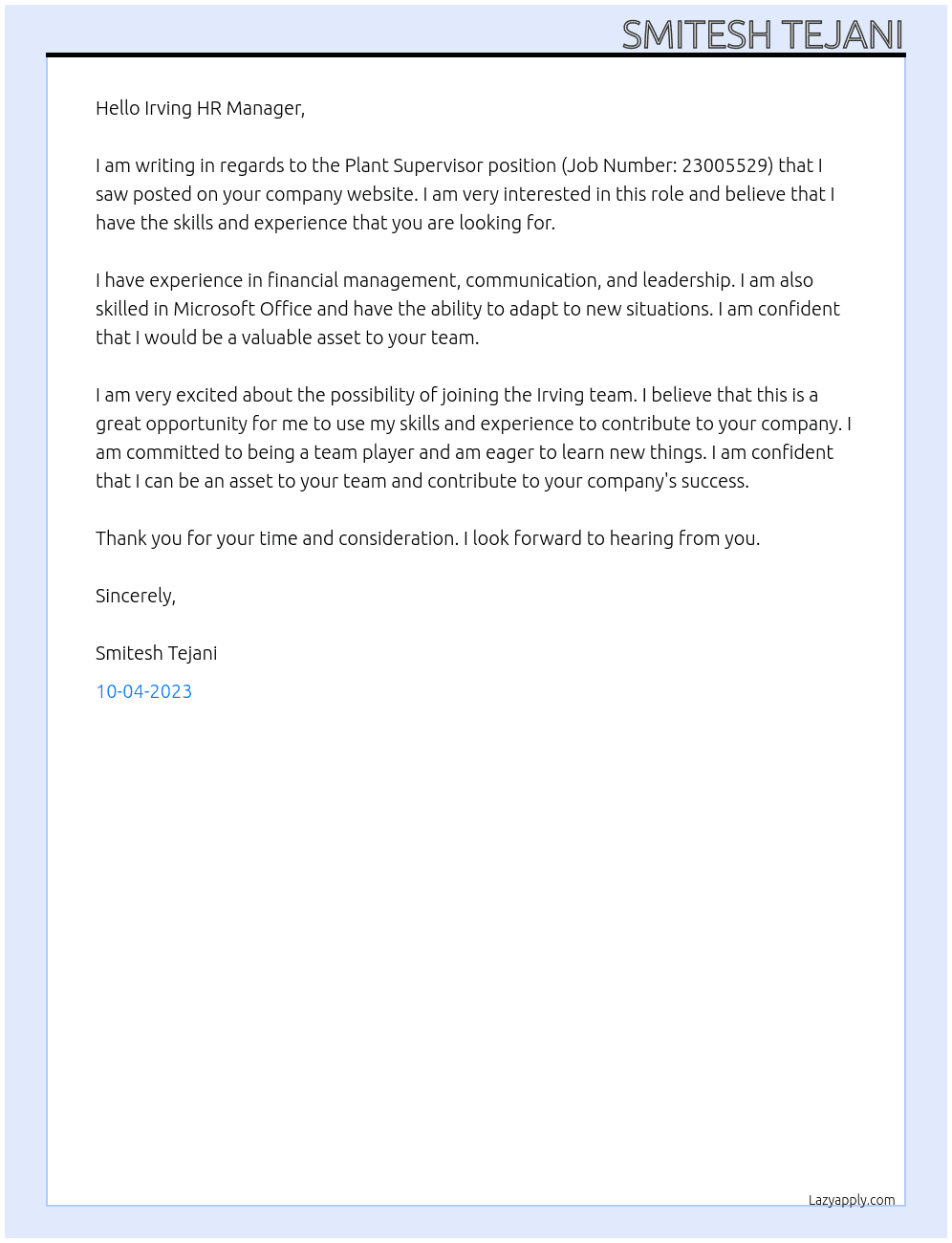 PLANT SUPERVISOR (Job Number: 23005529) At IRVING Cover Letter