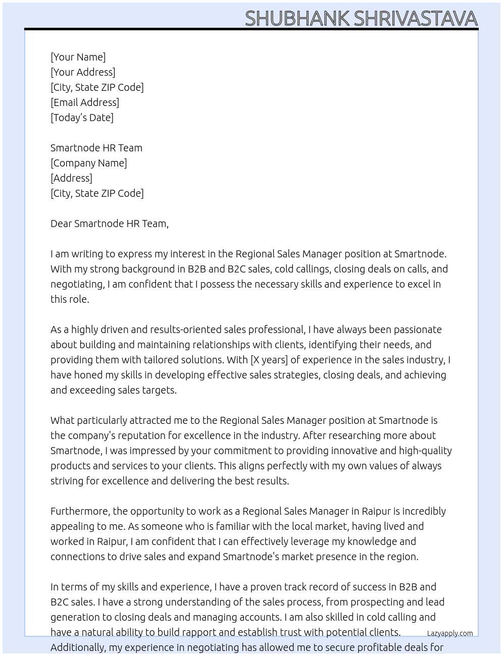 Regional Sales Manager At smartnode  Cover Letter