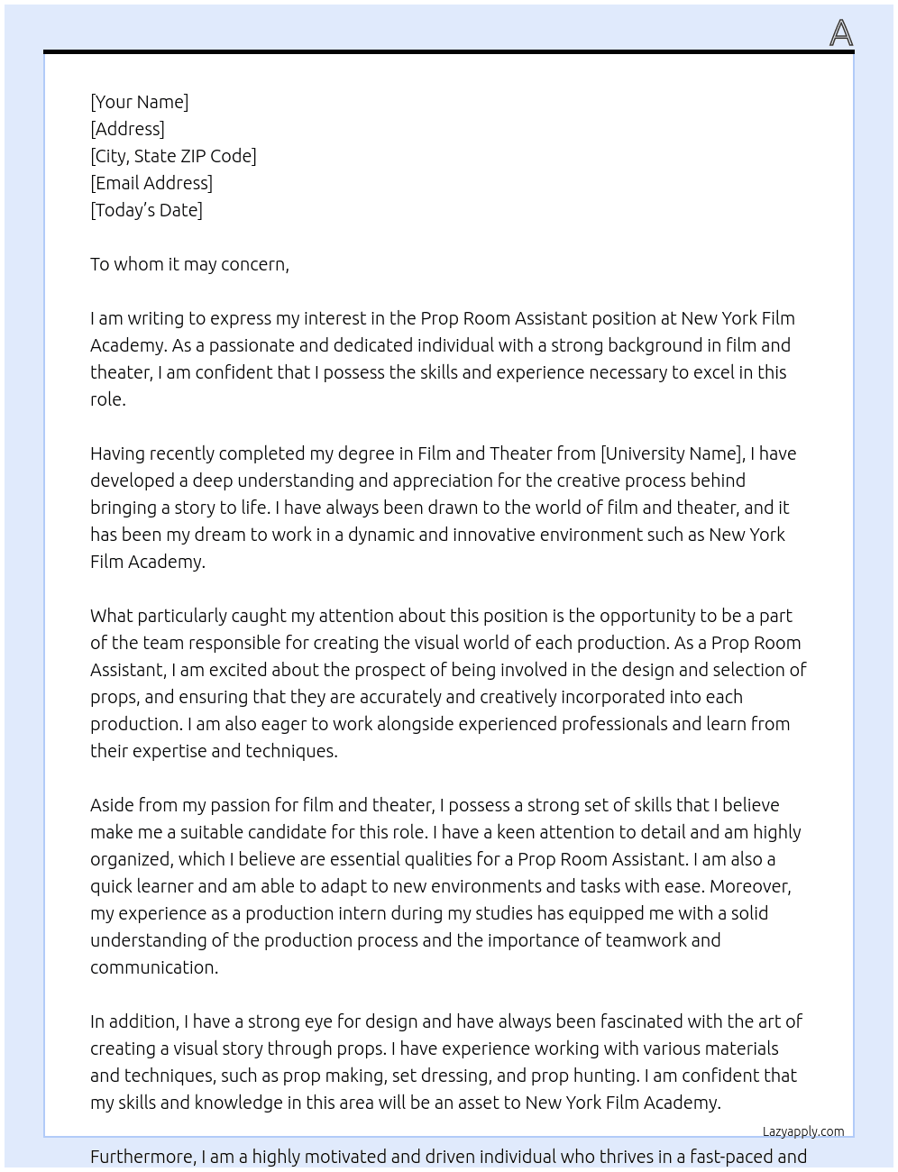 Prop Room Assistant At new york film academy Cover Letter
