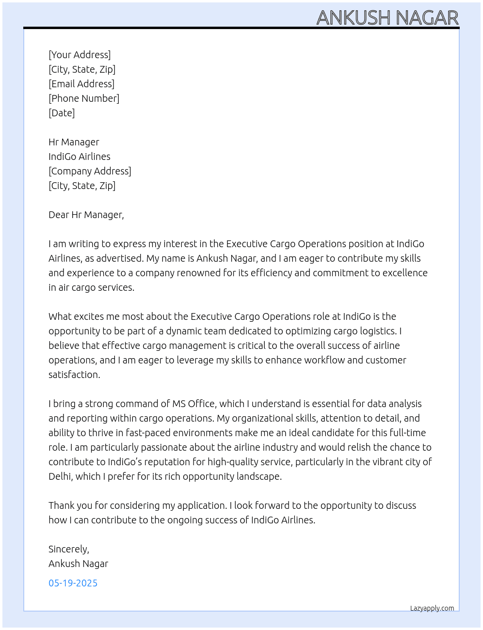 Executive cargo operations At Indigo airlines  Cover Letter
