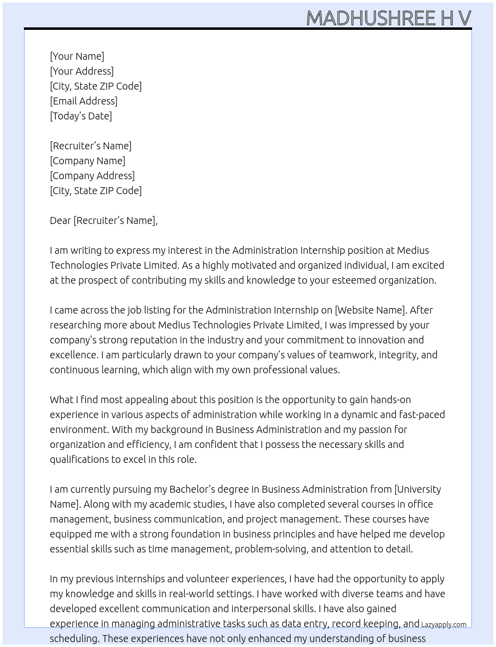 Cover letter for adminstration internship - LazyApply