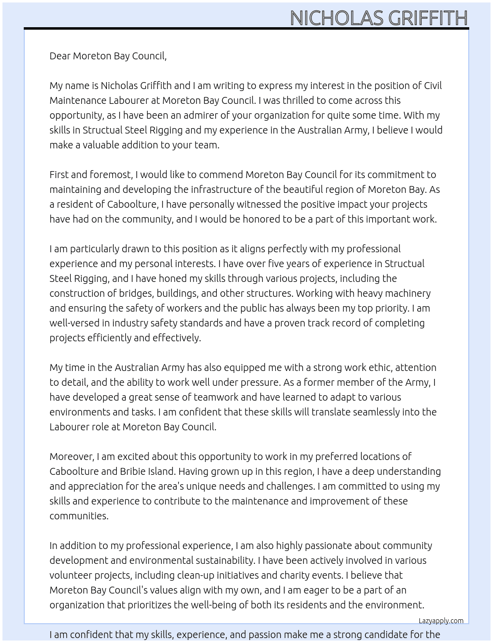 Civil Maintenance Labourer At Moreton Bay Council Cover Letter
