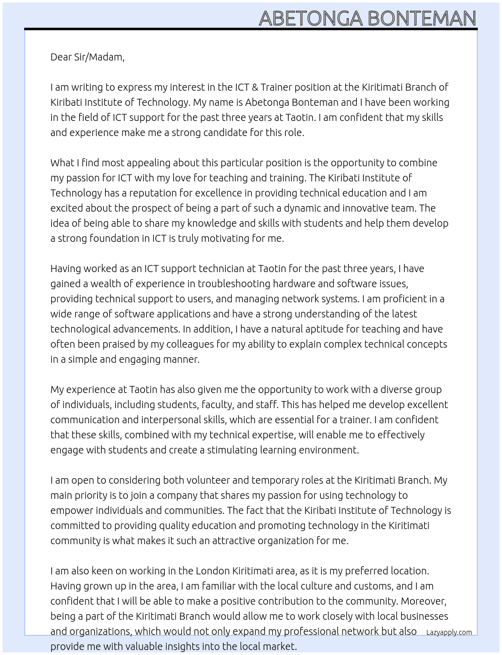 ICT & Trainer in Kiritimati Branch At Kiribati Institute of Technology Cover Letter