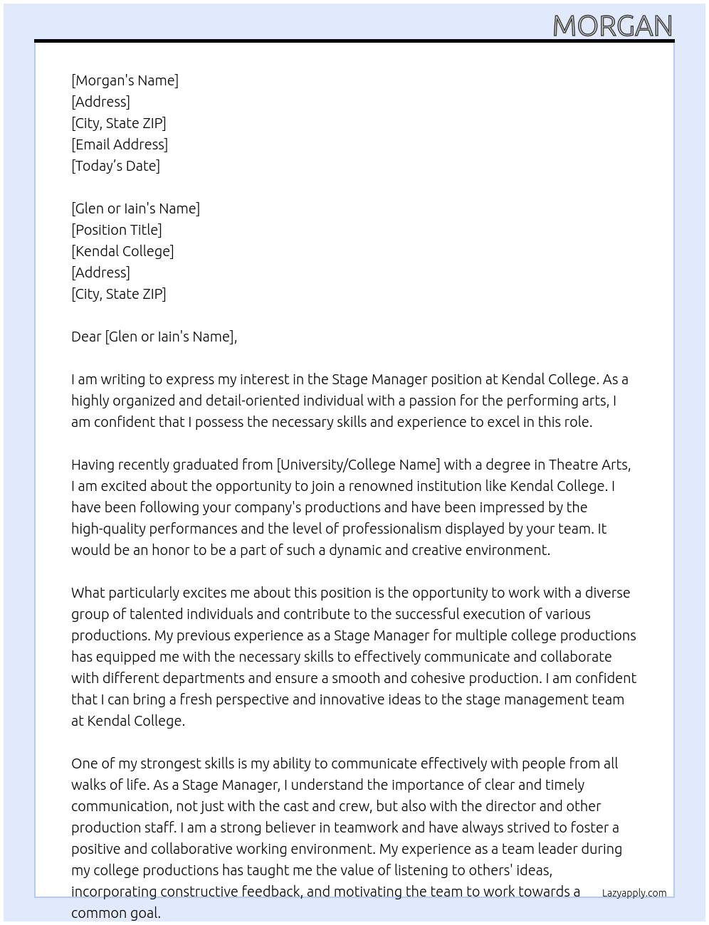 Stage Manager At Kendal College Cover Letter