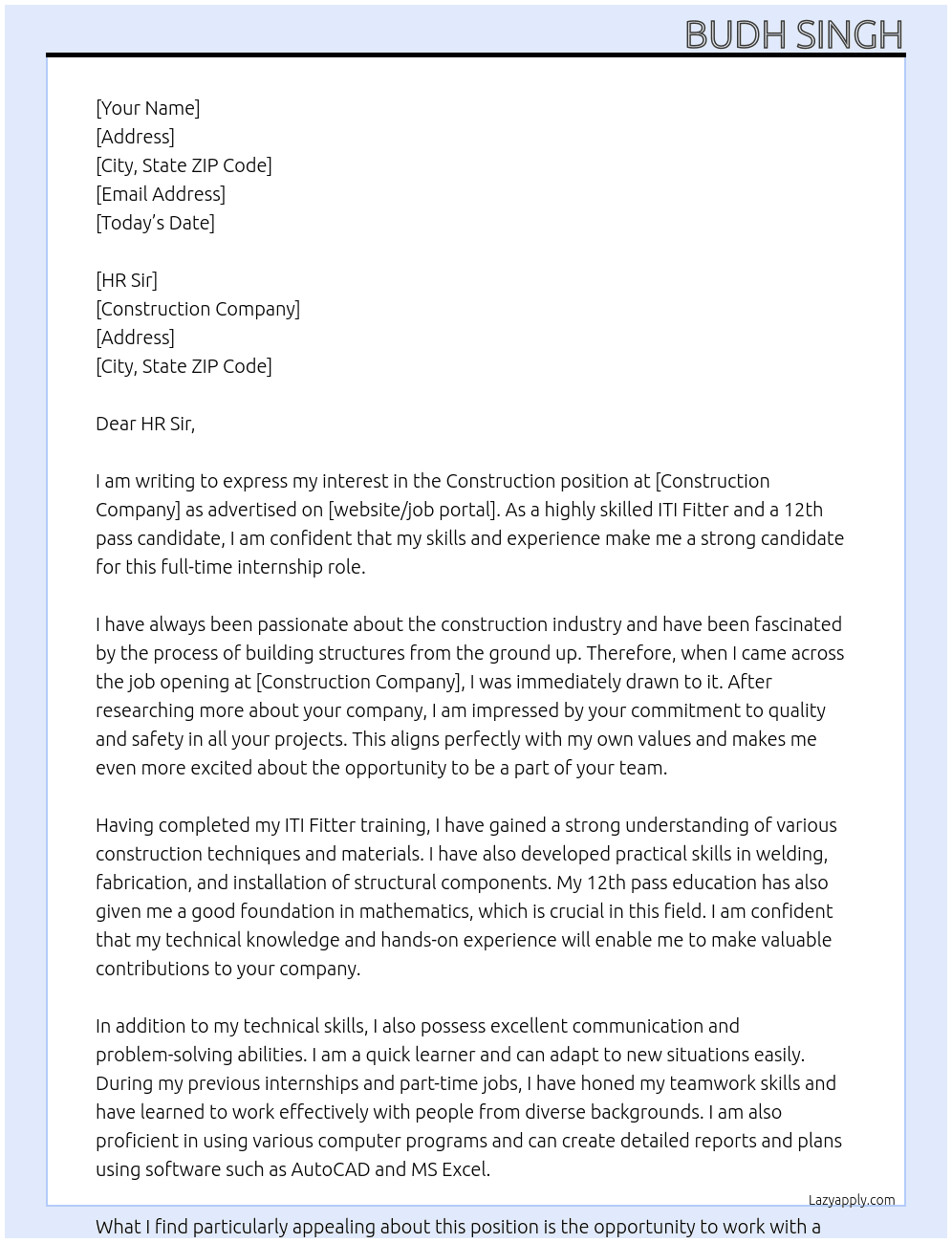 Construction  At Construction copmny Cover Letter