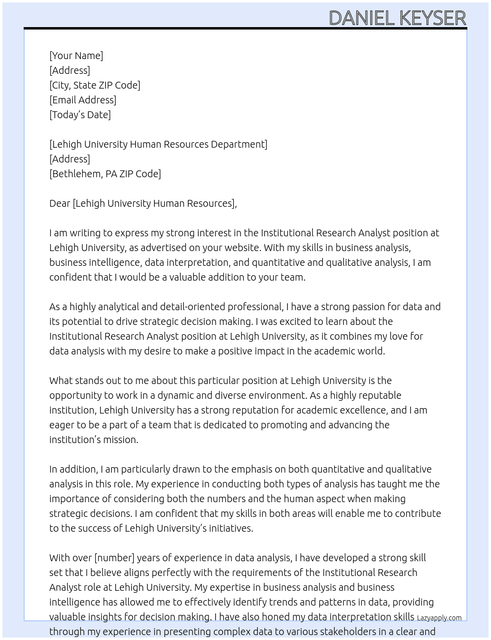 Institutional Research Analyst At Lehigh University Cover Letter