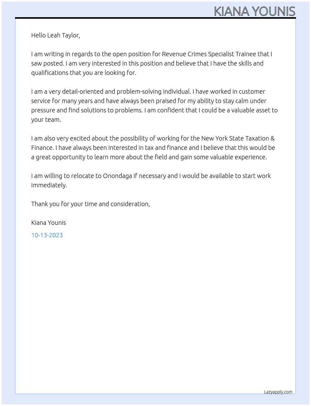 Revenue Crimes Specialist Trainee At New York State Taxation & Finance Cover Letter
