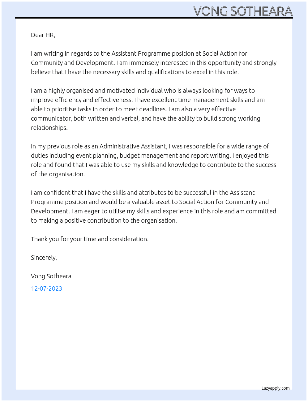 Assistant programme  At 	Social Action for Community and Development Cover Letter