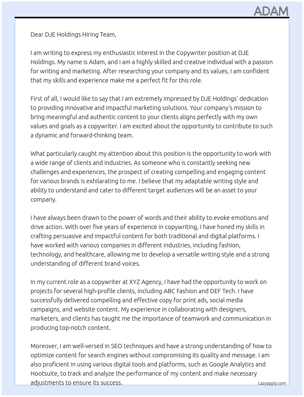 Copywriter At DJE holdings Cover Letter