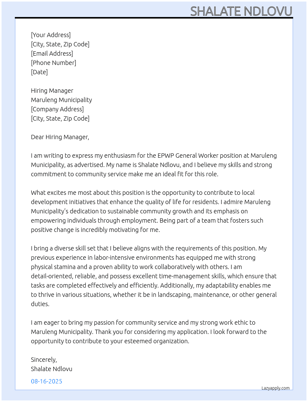 EPWP General Workeer At Maruleng Municipality Cover Letter