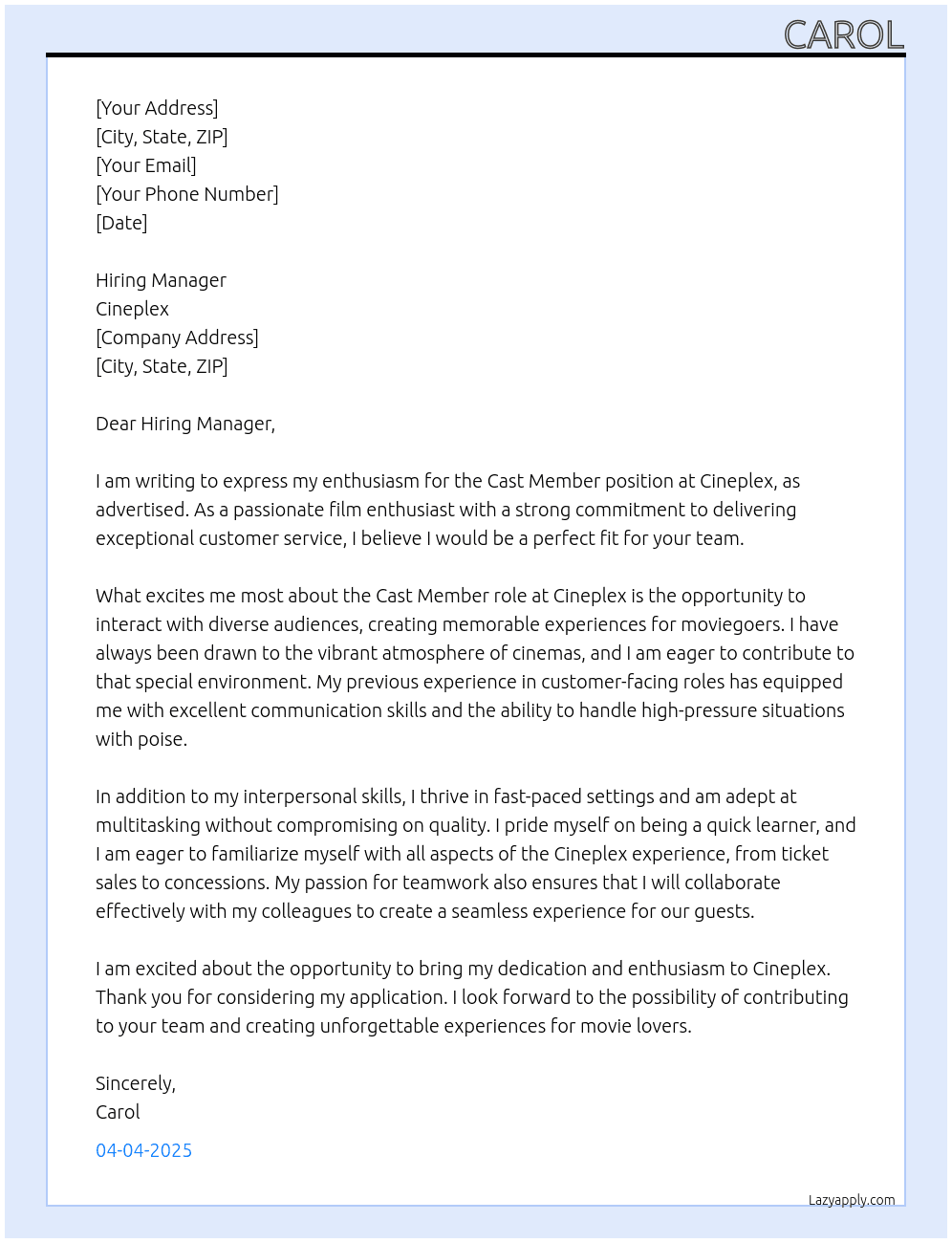 Cast Member At Cineplex Cover Letter