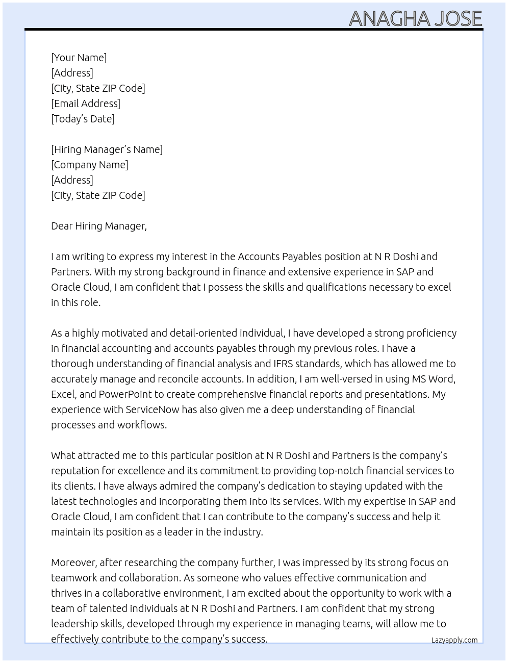 Accounts payables At N R Doshi and partners Cover Letter