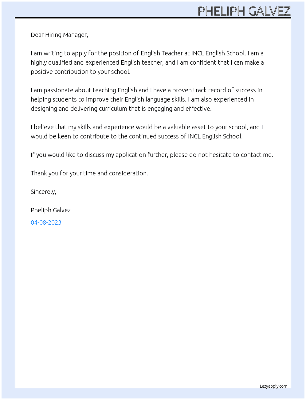 English Teacher At INCL English School Cover Letter