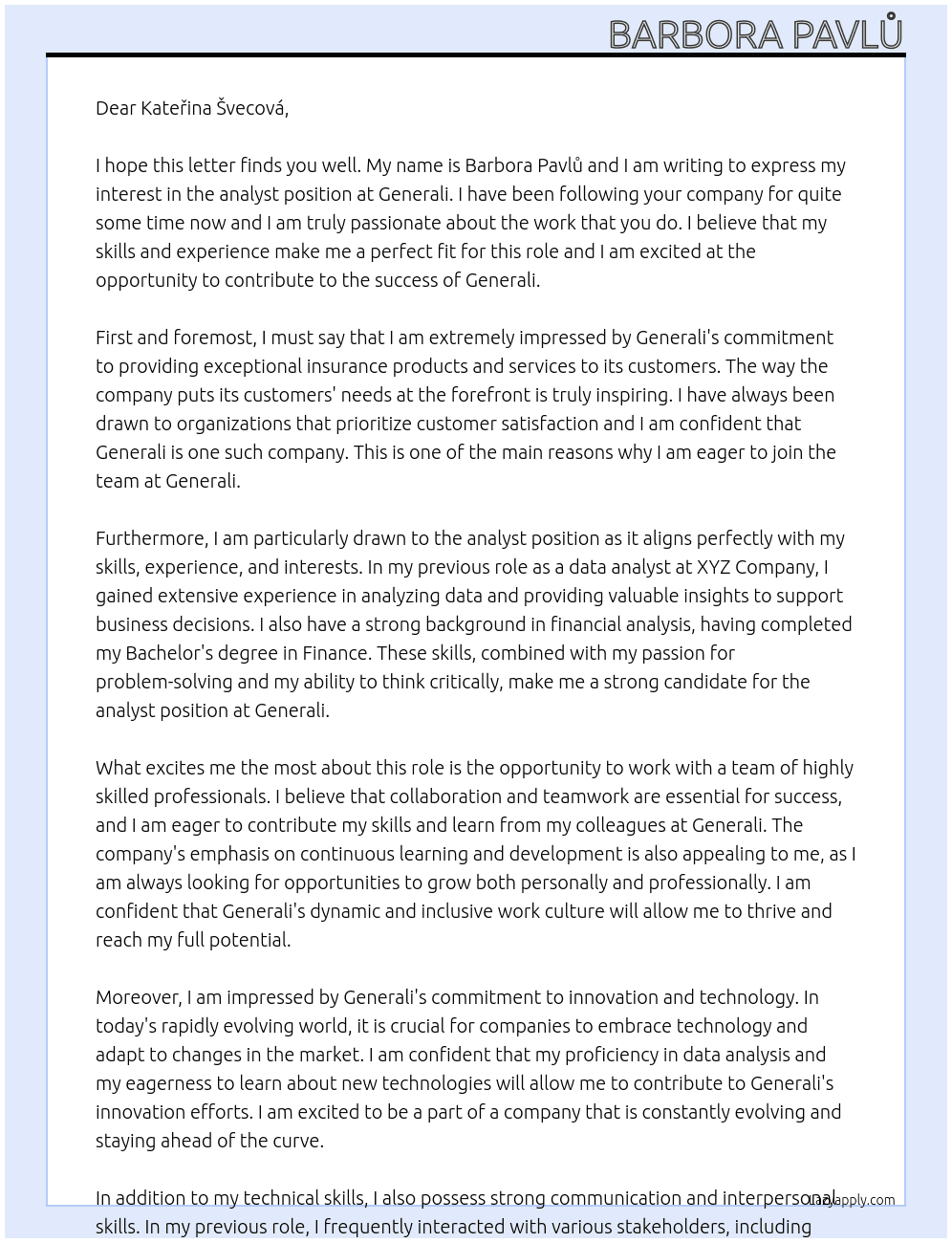 analyst At Generali Cover Letter