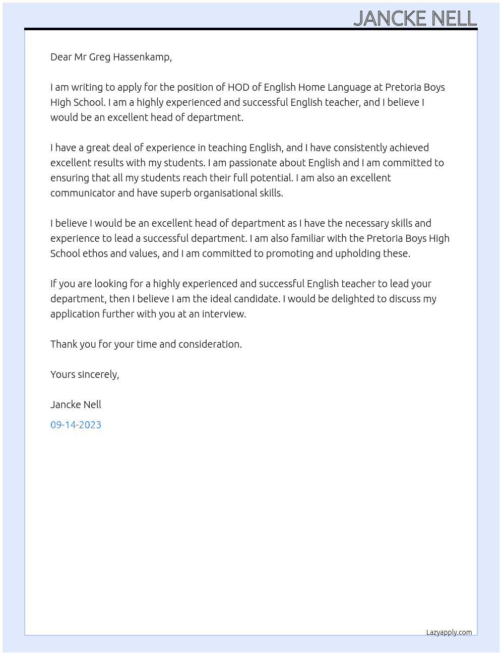 HOD of English Home Language At Pretoria Boys High School Cover Letter