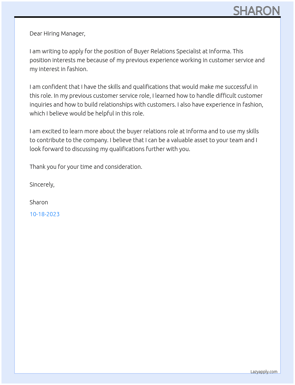 Buyer Relations Specialist At Informa Cover Letter