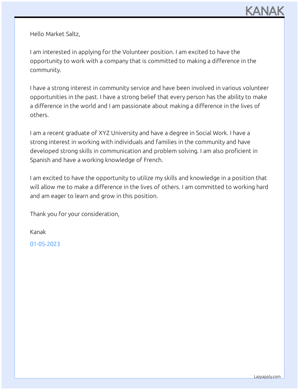 Volunteer At Market Saltz Cover Letter