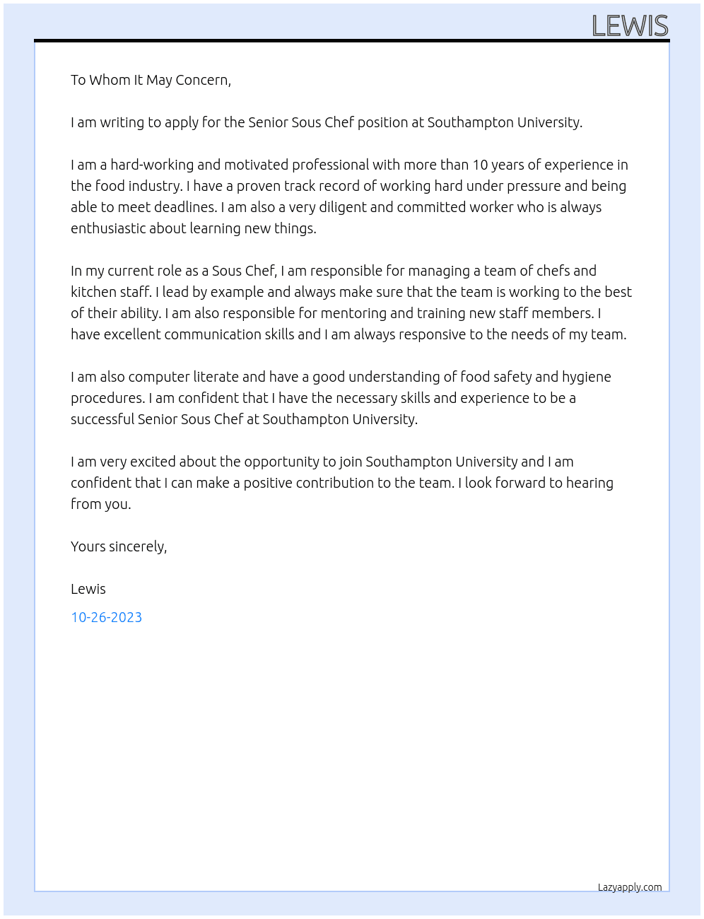 Sous chef  At Southampton University  Cover Letter