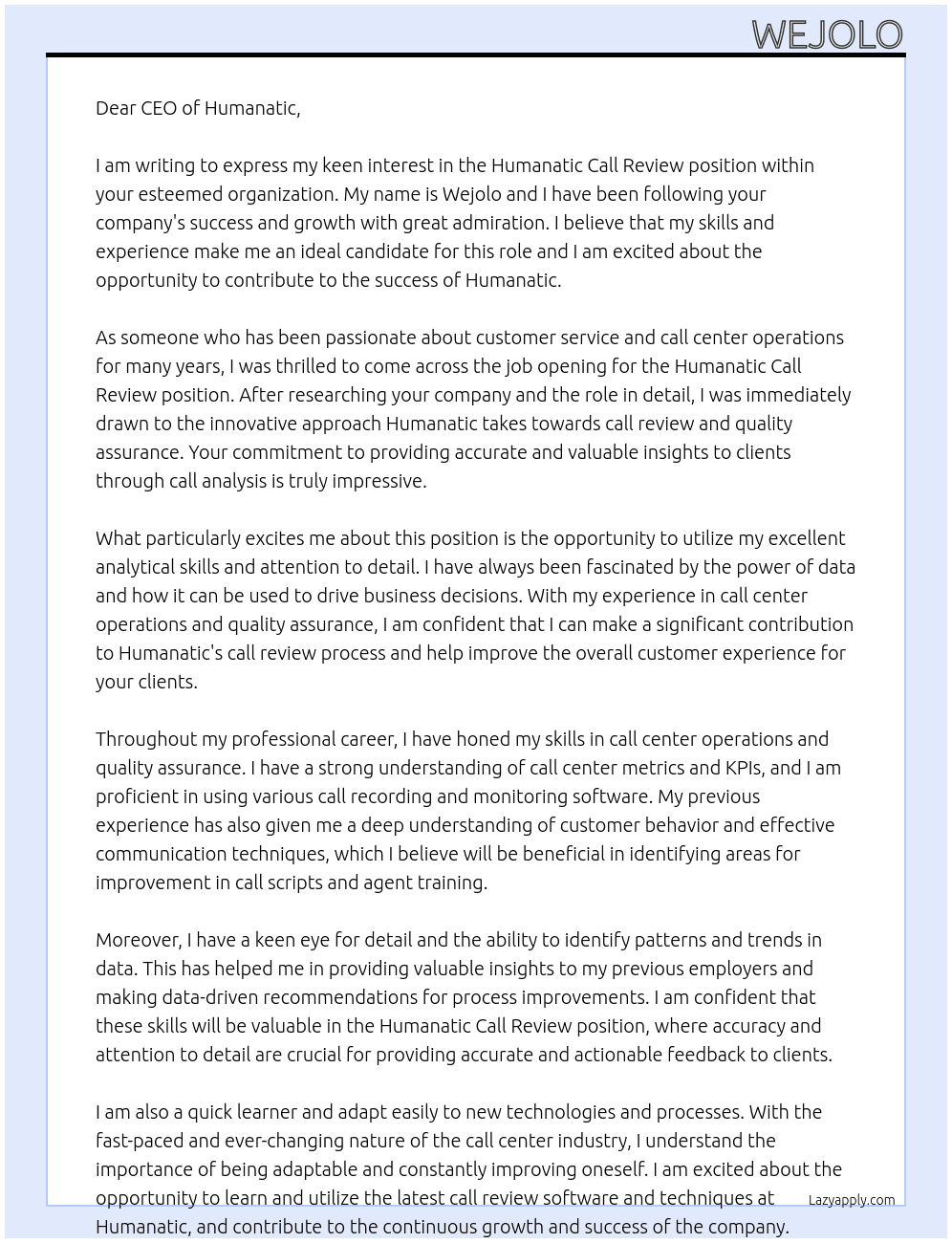 humanatic call review At Humanatic Cover Letter