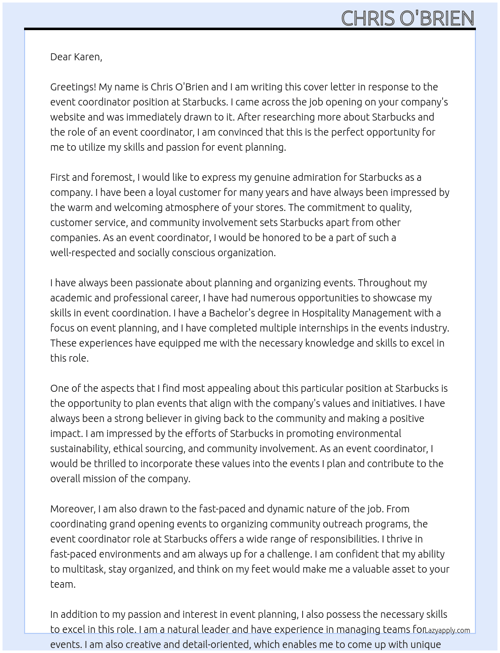Event coordinator At Starbucks Cover Letter
