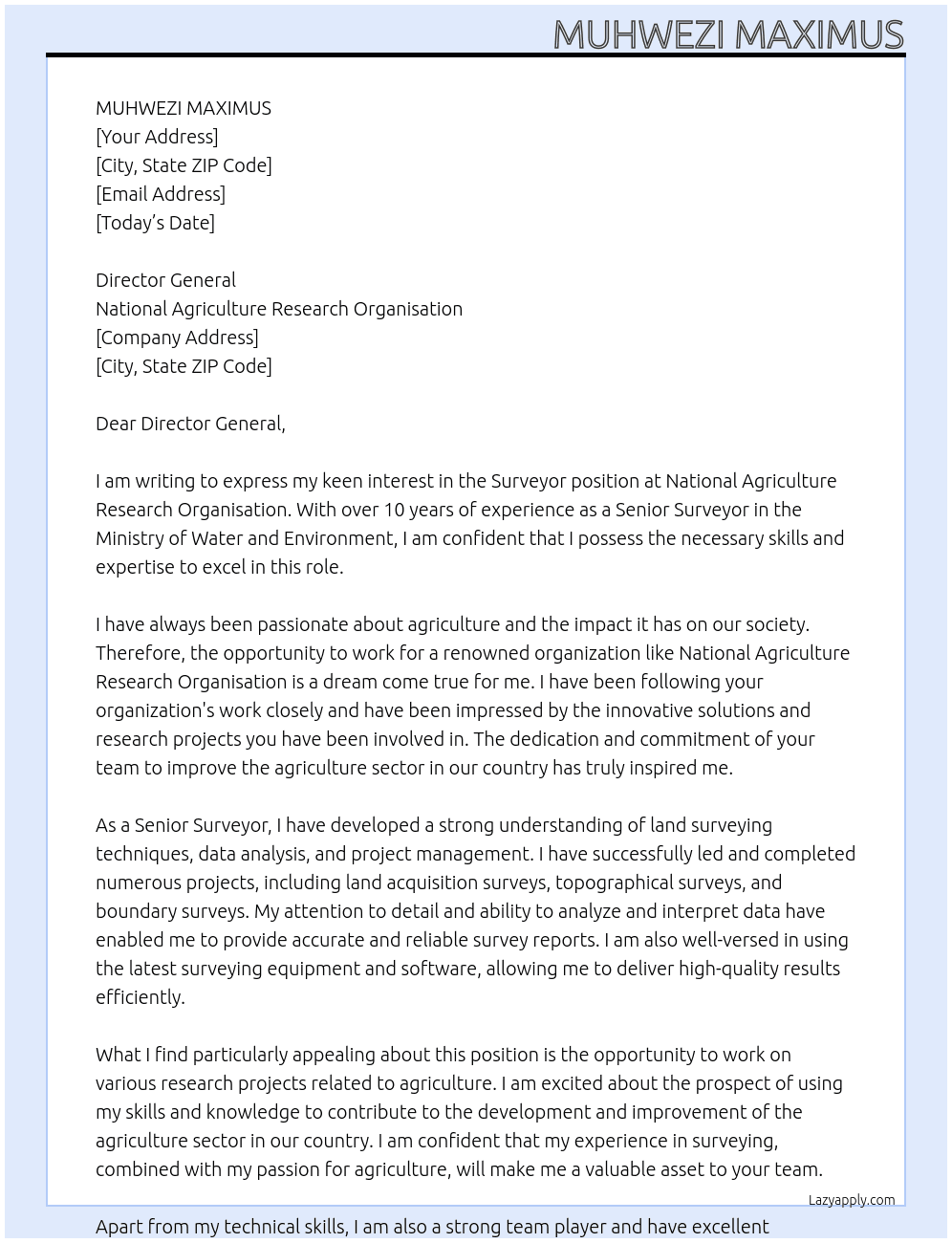 Surveyor At national agriculture research organisatiom Cover Letter