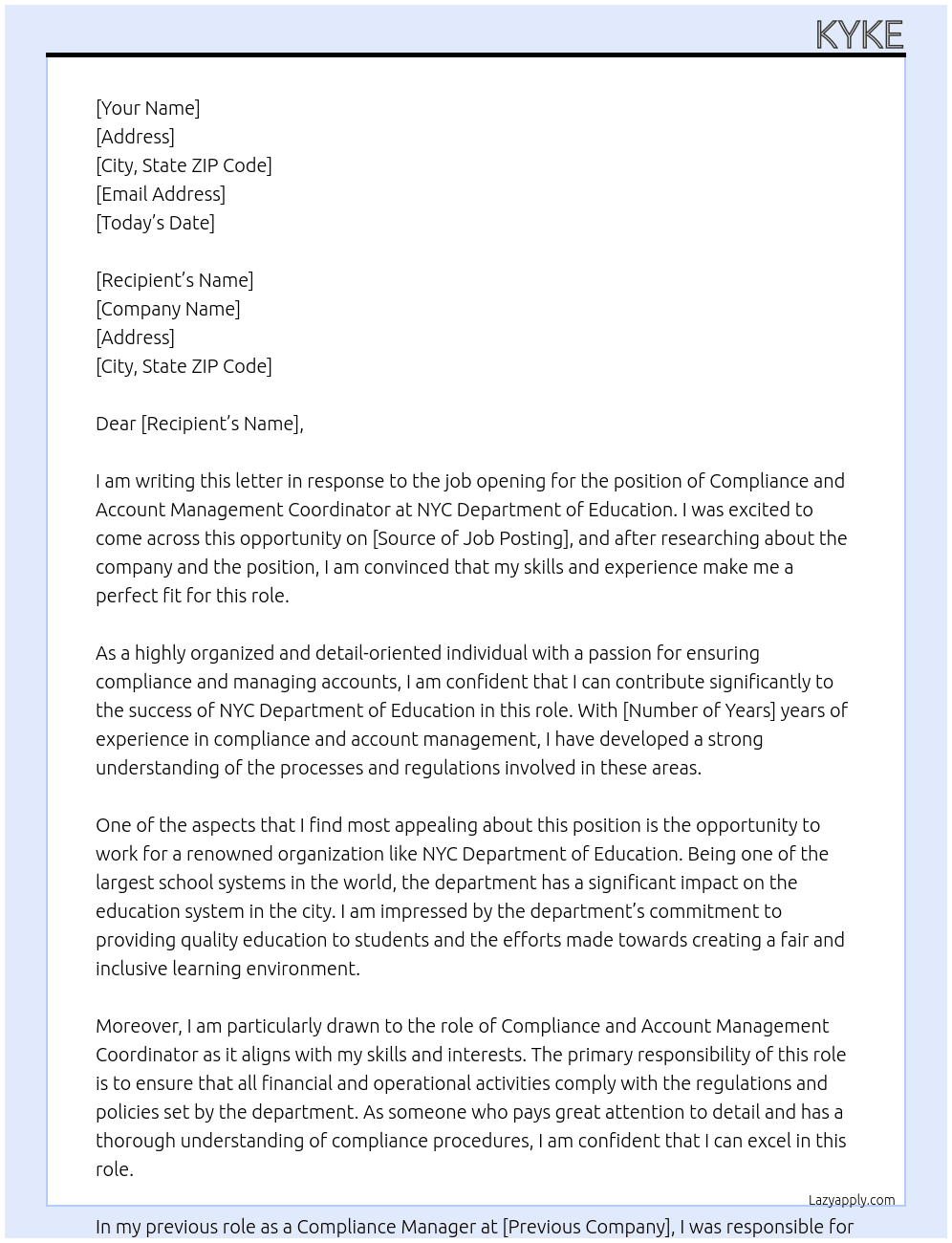 Compliance and Account Management Coordinator At NYC Department of Education Cover Letter