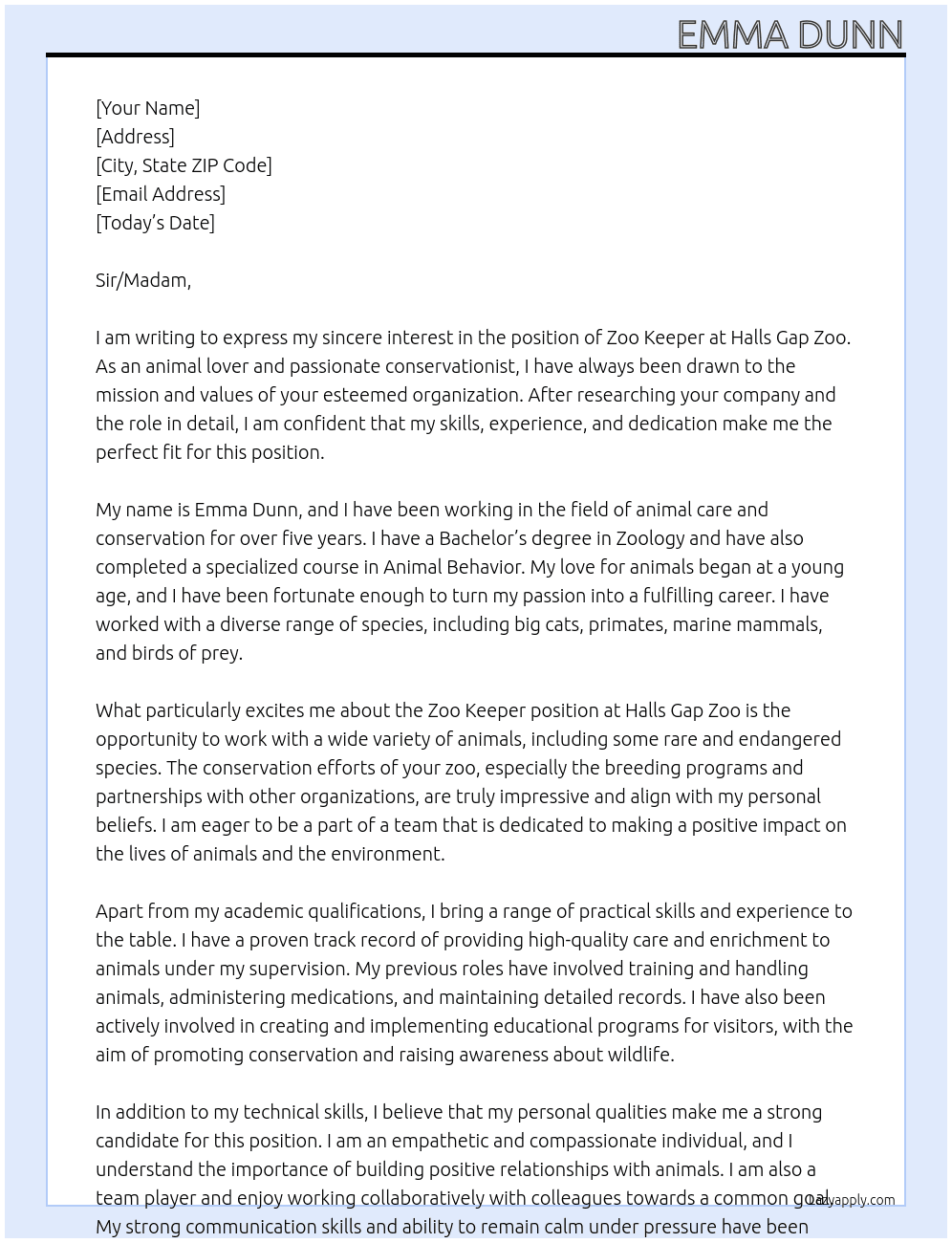 Zoo Keeper At Halls Gap Zoo Cover Letter