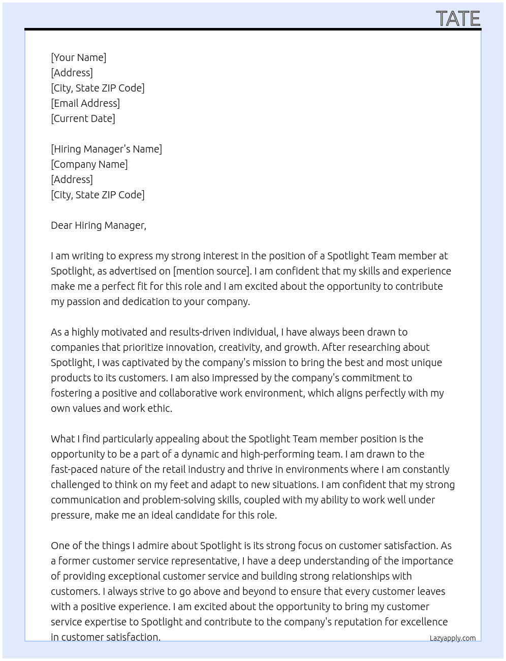 Spotlight Team member At Spotlight Cover Letter