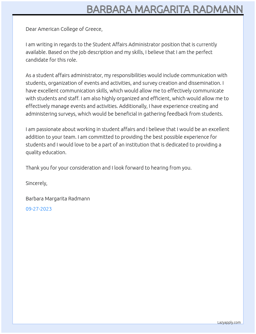 Student Affairs Administrator  At American College of Greece  Cover Letter